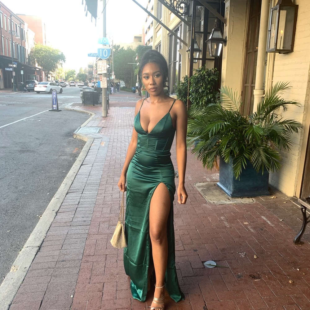 Emerald maxi dress with thigh slit